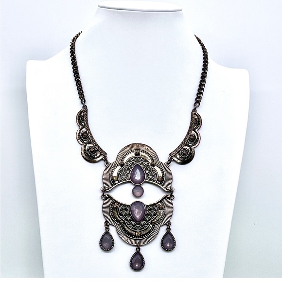 Unique Vintage Gray Jeweled SilverTone Tribal Statement Necklace - Picture 2 of 6